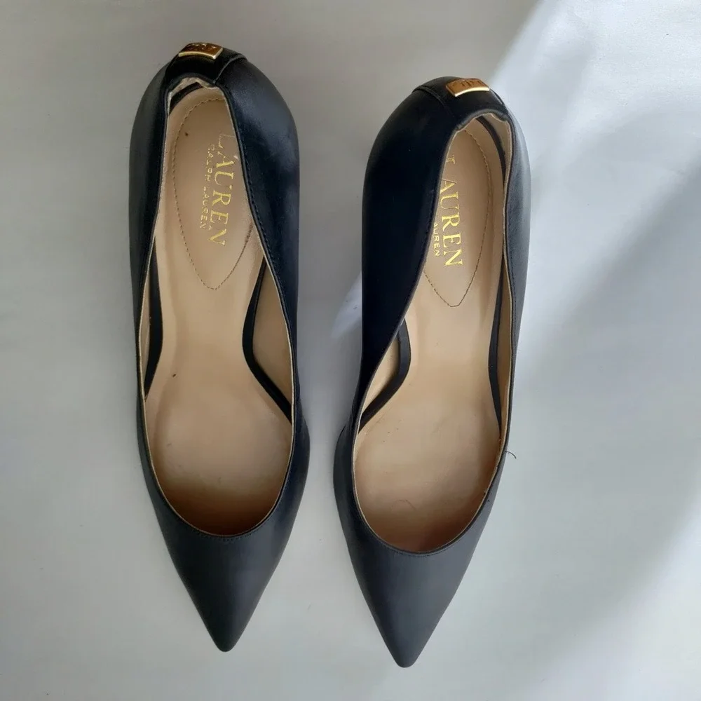 Lauren Ralph Lauren Womens Black Leather Pointed Toe Kitten Heel Pumps Size 11B